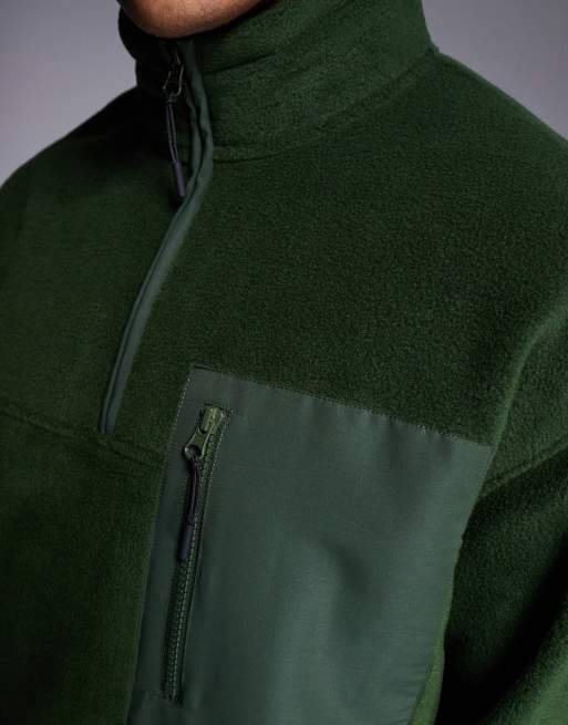 ASOS DESIGN relaxed quarter zip fleece sweatshirt in dark green with chest pocket - DGREEN, 3 of 4