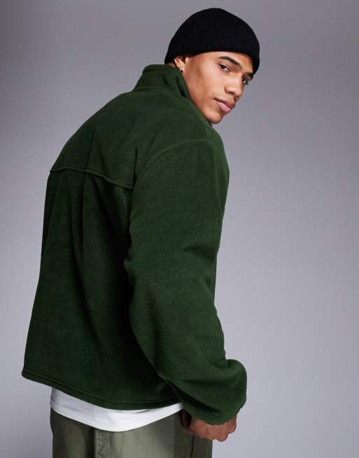 ASOS DESIGN relaxed quarter zip fleece sweatshirt in dark green with chest pocket - DGREEN, 4 of 4