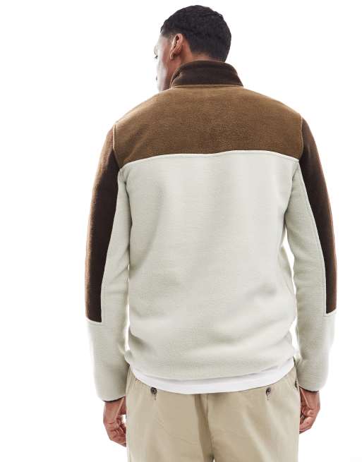 ASOS DESIGN relaxed quarter zip fleece sweatshirt with colour block in beige, 4 of 4