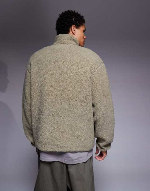 ASOS DESIGN relaxed quarter zip funnel neck borg sweatshirt in stone, 3 of 5