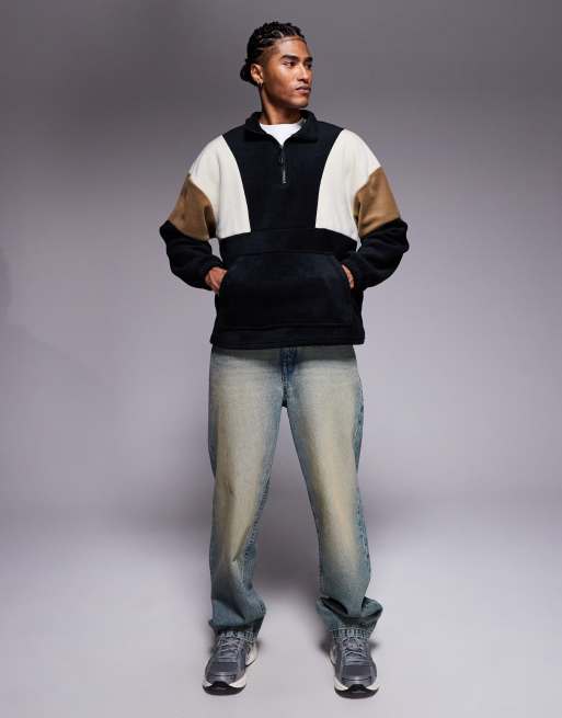 ASOS DESIGN relaxed quarter zip funnel neck fleece sweatshirt with color block in black , 2 of 5