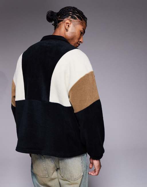 ASOS DESIGN relaxed quarter zip funnel neck fleece sweatshirt with color block in black , 3 of 5