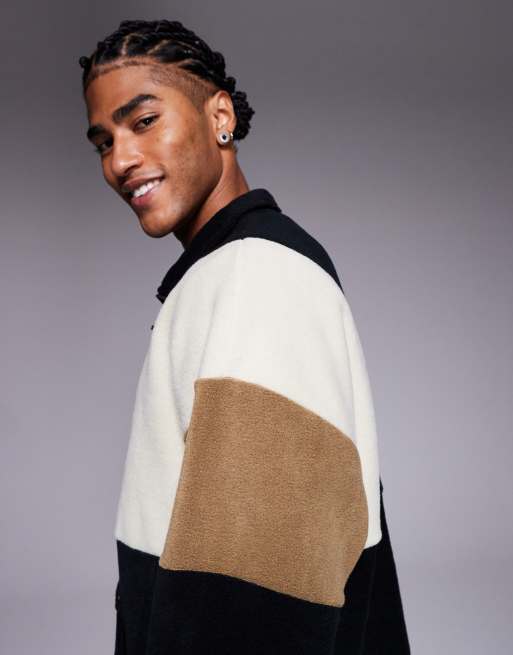 ASOS DESIGN relaxed quarter zip funnel neck fleece sweatshirt with colour block in black , 4 of 5