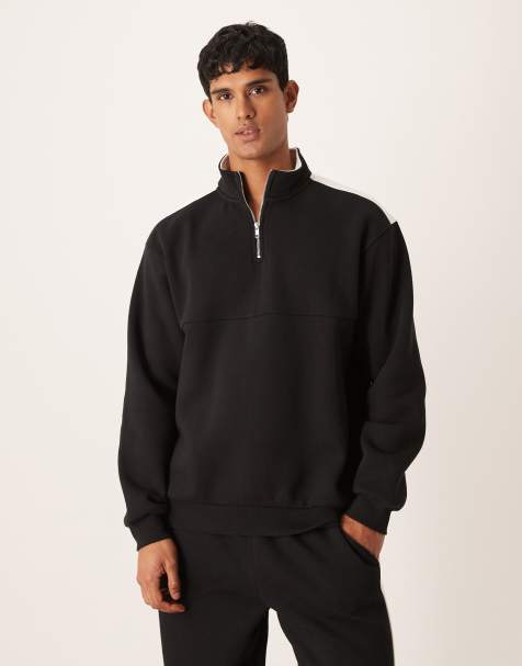 ASOS DESIGN relaxed quarter zip funnel neck sweatshirt with cut and sew paneling in black - part of a set - view 1