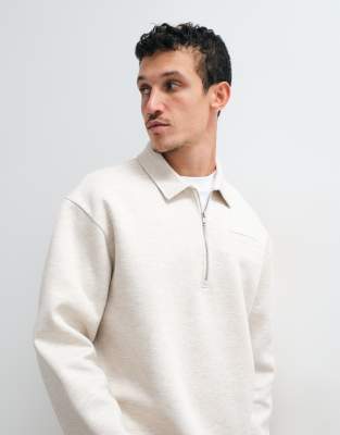 Asos Design Relaxed Quarter Zip Long Sleeve Polo In White