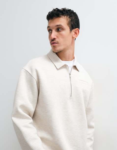 ASOS DESIGN relaxed quarter zip long sleeve polo in scuba-style fabric in cream - view 1