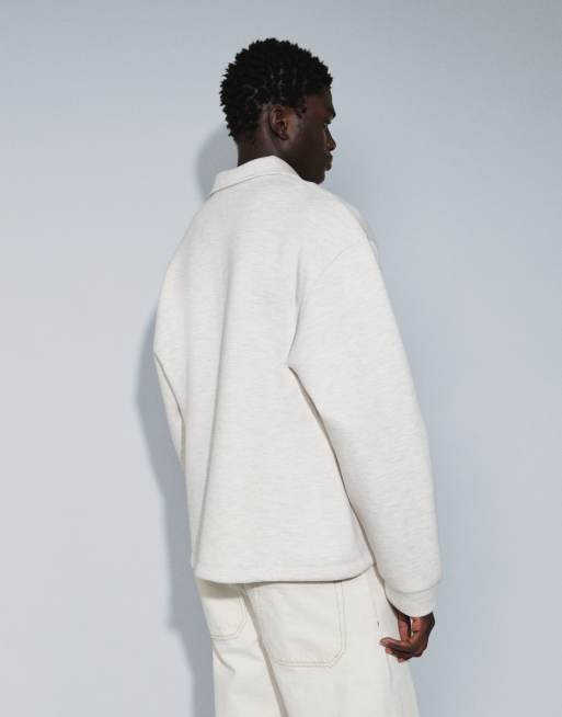 ASOS DESIGN relaxed quarter zip long sleeve polo in scuba-style fabric in cream, 3 of 9