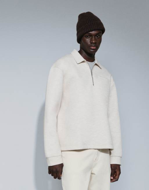 ASOS DESIGN relaxed quarter zip long sleeve polo in scuba-style fabric in cream, 4 of 9