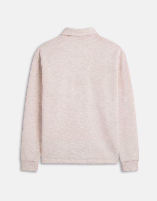 ASOS DESIGN relaxed quarter zip long sleeve polo in scuba-style fabric in cream, 7 of 9