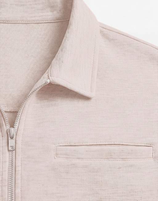 ASOS DESIGN relaxed quarter zip long sleeve polo in scuba-style fabric in cream, 8 of 9