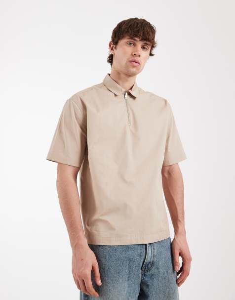 ASOS DESIGN relaxed quarter zip shirt in beige - view 1