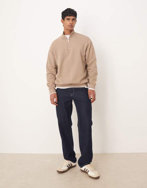 ASOS DESIGN relaxed quarter zip sweatshirt in beige, 2 of 5