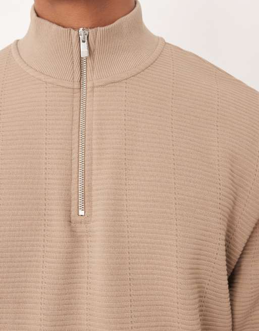 ASOS DESIGN relaxed quarter zip sweatshirt in beige, 4 of 5