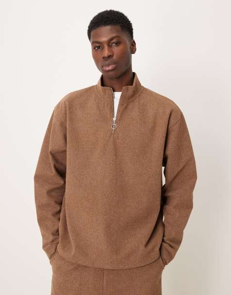 ASOS DESIGN relaxed quarter zip sweatshirt in heathered brown - view 1