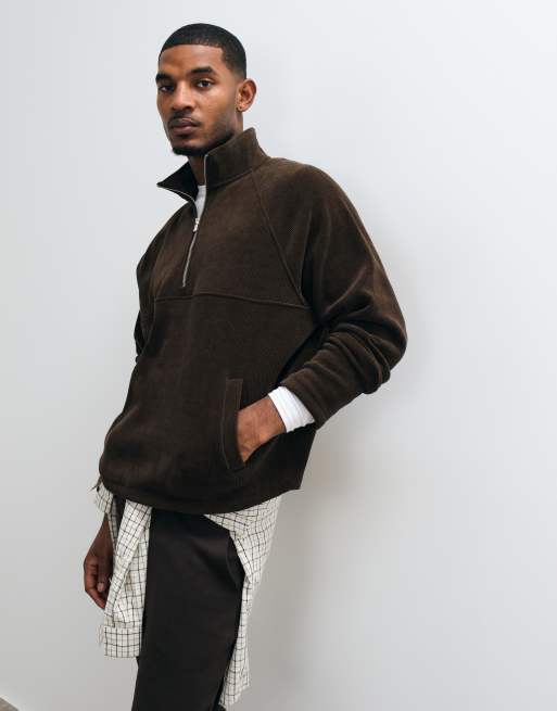 ASOS DESIGN co-ord relaxed quarter zip amd wide leg jogger in ribbed texture in brown, 2 of 3