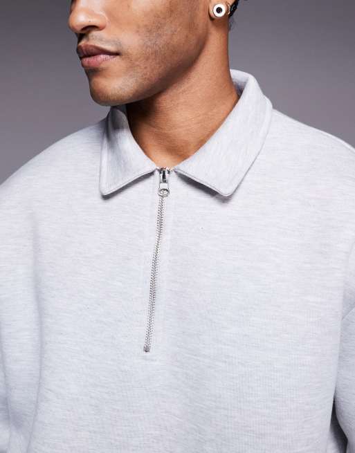 ASOS DESIGN relaxed quarter zip sweatshirt with collar and fixed hem in grey marl