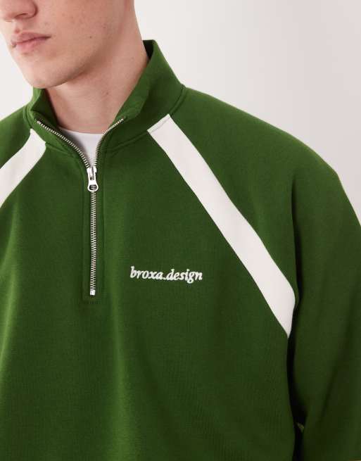 ASOS DESIGN relaxed quarter zip sweatshirt with cut & sew details in green, 5 of 5