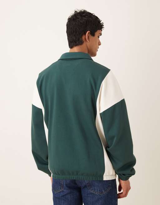 ASOS DESIGN relaxed quarter zip sweatshirt with cut & sew text panels in dark green, 3 of 5