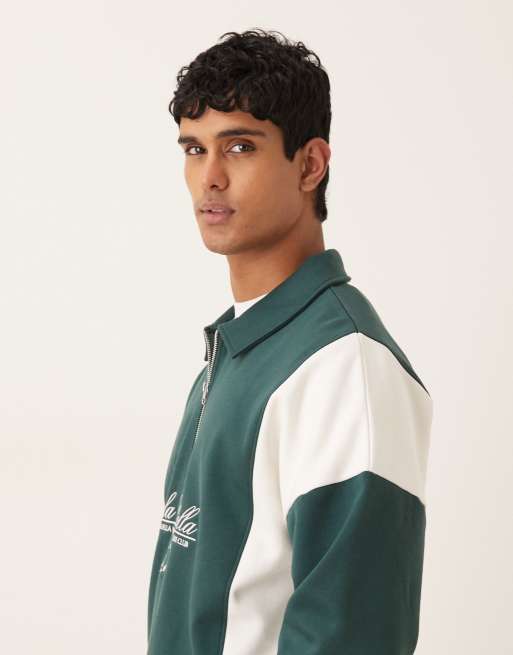 ASOS DESIGN relaxed quarter zip sweatshirt with cut & sew text panels in dark green, 4 of 5