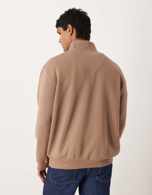 ASOS DESIGN relaxed quarter zip sweatshirt with text chest print in brown, 3 of 5