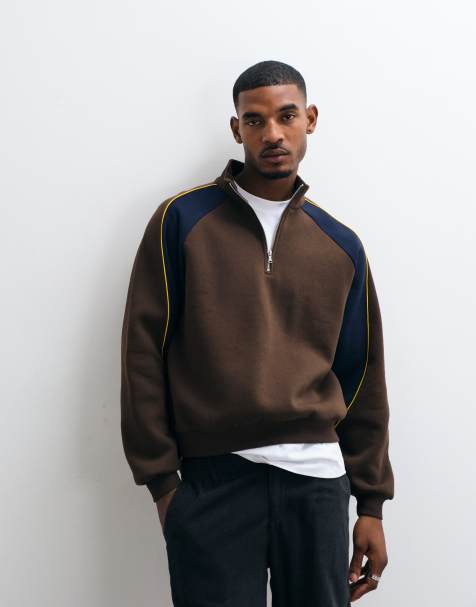 ASOS DESIGN relaxed quarter zip with cut & sew paneling and contrast piping in brown - view 1