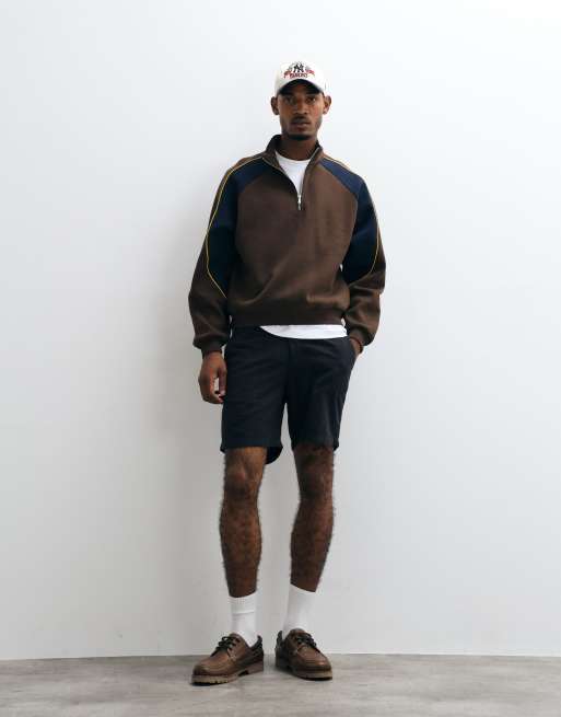 ASOS DESIGN relaxed quarter zip with cut & sew paneling and contrast piping in brown, 2 of 5