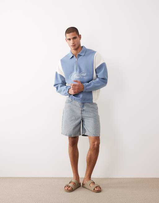 ASOS DESIGN relaxed quarter zip with cut & sew panels and embroidered print in blue, 3 of 5