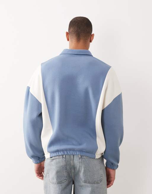 ASOS DESIGN relaxed quarter zip with cut & sew panels and embroidered print in blue, 5 of 5