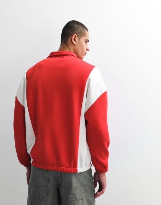 ASOS DESIGN relaxed quarter zip with cut & sew panels and embroidered print in red, 4 of 9