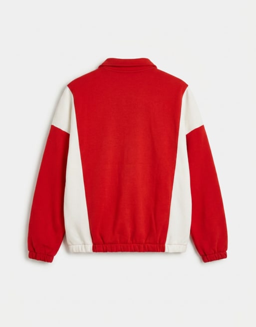 ASOS DESIGN relaxed quarter zip with cut & sew panels and embroidered print in red, 7 of 9