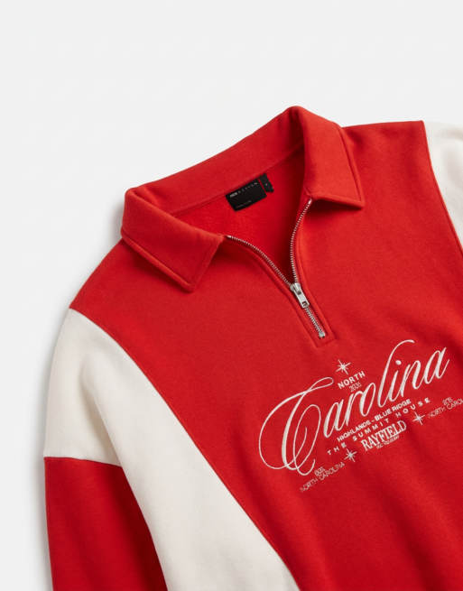 ASOS DESIGN relaxed quarter zip with cut & sew panels and embroidered print in red, 8 of 9