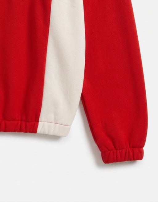 ASOS DESIGN relaxed quarter zip with cut & sew panels and embroidered print in red, 9 of 9