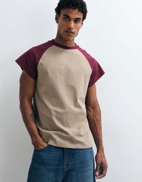 ASOS DESIGN relaxed raglan t-shirt in brown and red - view 1