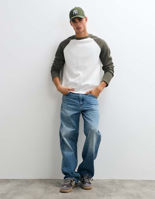 ASOS DESIGN relaxed raglan t-shirt in cream and khaki waffle, 5 of 8
