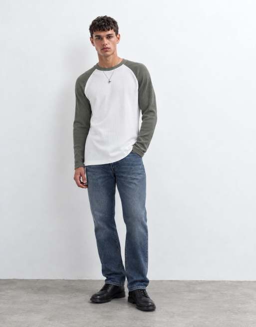 ASOS DESIGN relaxed raglan t-shirt in cream and khaki waffle, 6 of 8