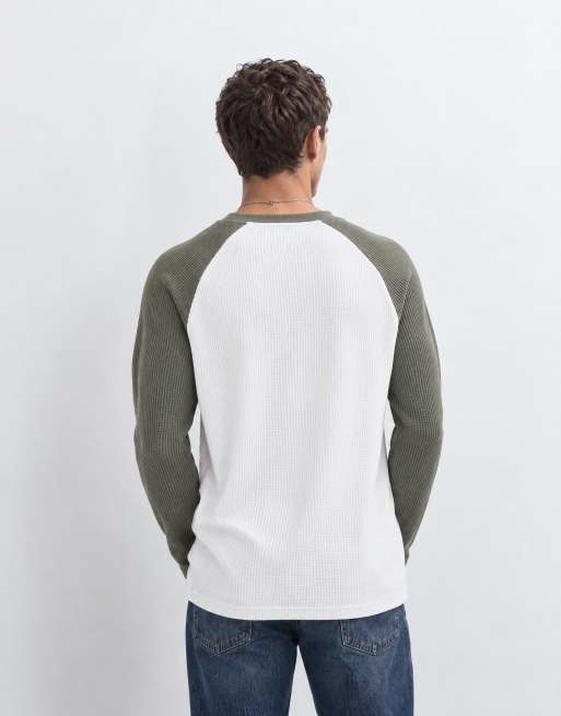 ASOS DESIGN relaxed raglan t-shirt in cream and khaki waffle, 7 of 8