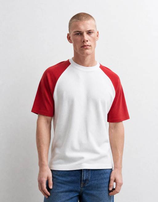 ASOS DESIGN relaxed raglan t-shirt in white and red waffle, 10 of 10