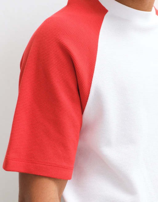 ASOS DESIGN relaxed raglan t-shirt in white and red waffle, 4 of 10