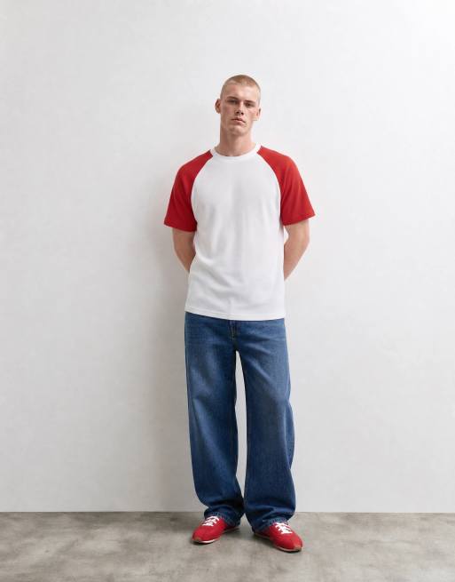 ASOS DESIGN relaxed raglan t-shirt in white and red waffle, 7 of 10