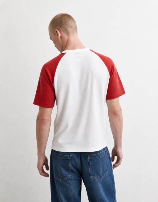ASOS DESIGN relaxed raglan t-shirt in white and red waffle, 9 of 10