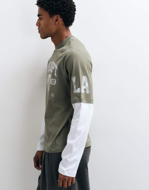 ASOS DESIGN relaxed raglan T-shirt met dubbele mouwen en graphic in groen, 3 van 5