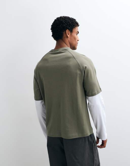 ASOS DESIGN relaxed raglan T-shirt met dubbele mouwen en graphic in groen, 5 van 5