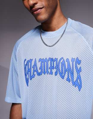 Asos Design Relaxed Raglan T-shirt With Champions Graphic In Blue