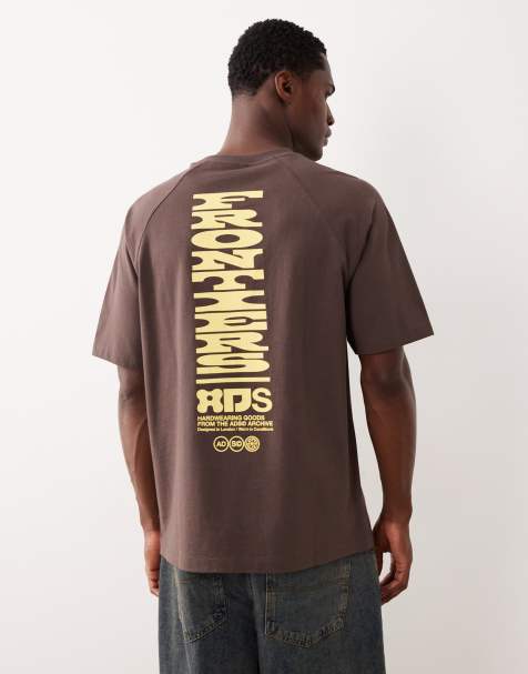 ASOS DESIGN relaxed raglan t-shirt with text graphic in brown - view 1