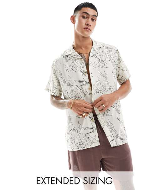 ASOS DESIGN relaxed revere beachy shirt in line drawn lily print in ecru - view 1