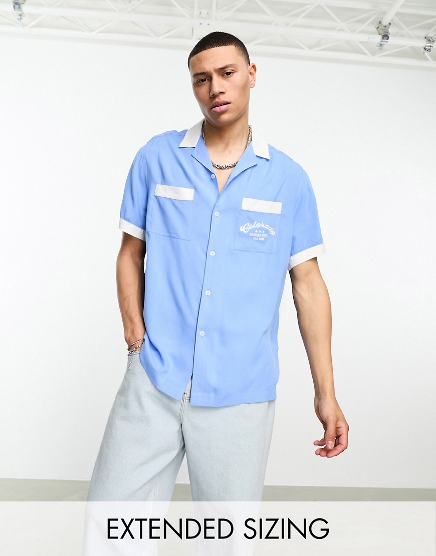 ASOS DESIGN relaxed revere bowling shirt in blue with chest embroidery