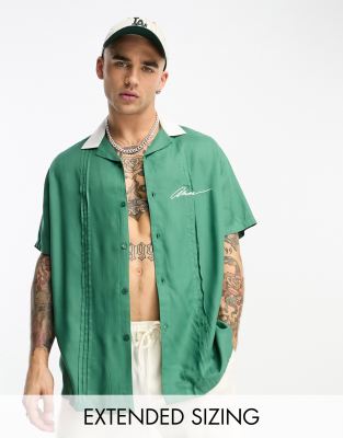 ASOS DESIGN relaxed revere bowling shirt in green with chest embroidery ...