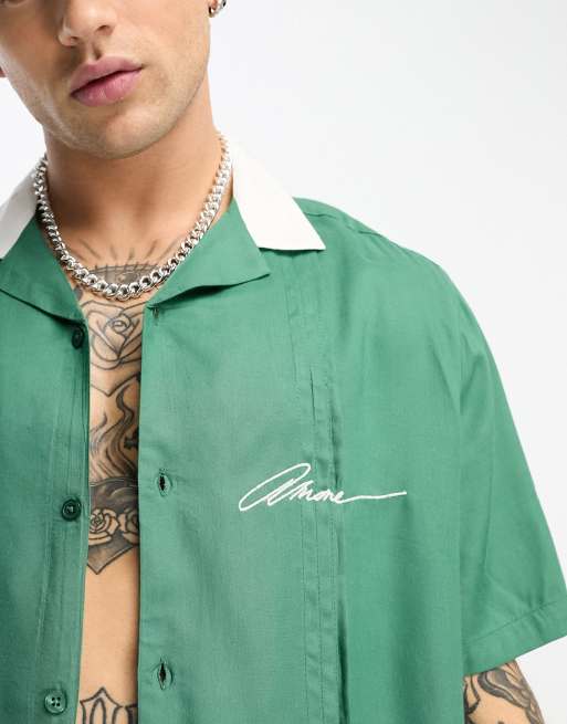 ASOS DESIGN relaxed revere bowling shirt in green with chest embroidery, 3 of 4