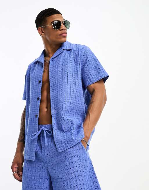 ASOS DESIGN relaxed revere broderie shirt in blue (part of a set)