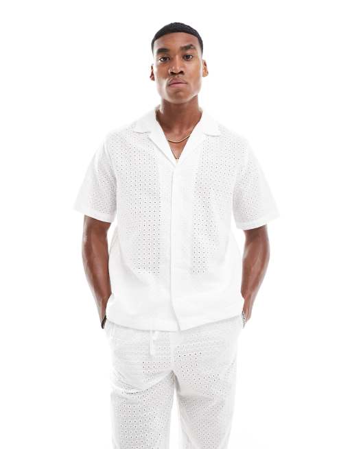 ASOS DESIGN relaxed revere collar broderie shirt in white - part of a set